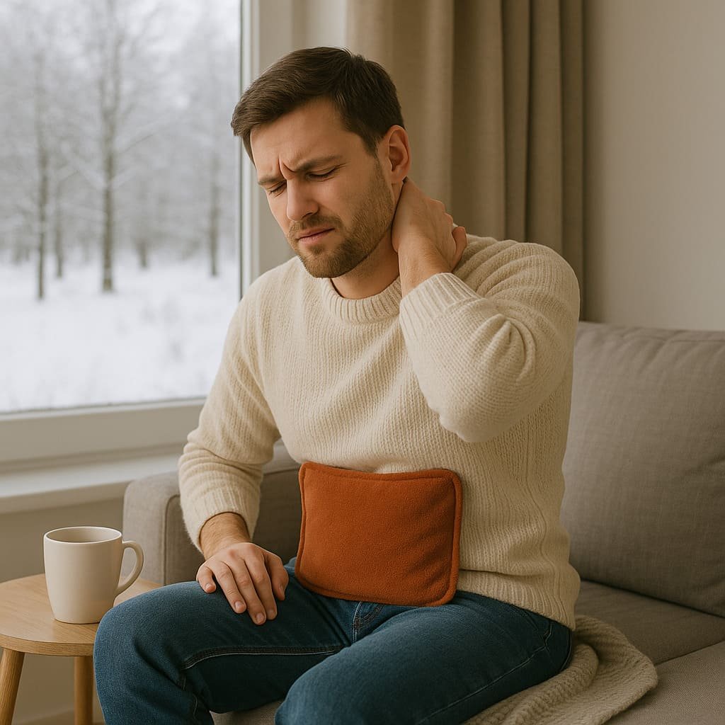 hombre con dolor cervical y tension muscular atencion en clinica milenio madrid tratamiento con calor